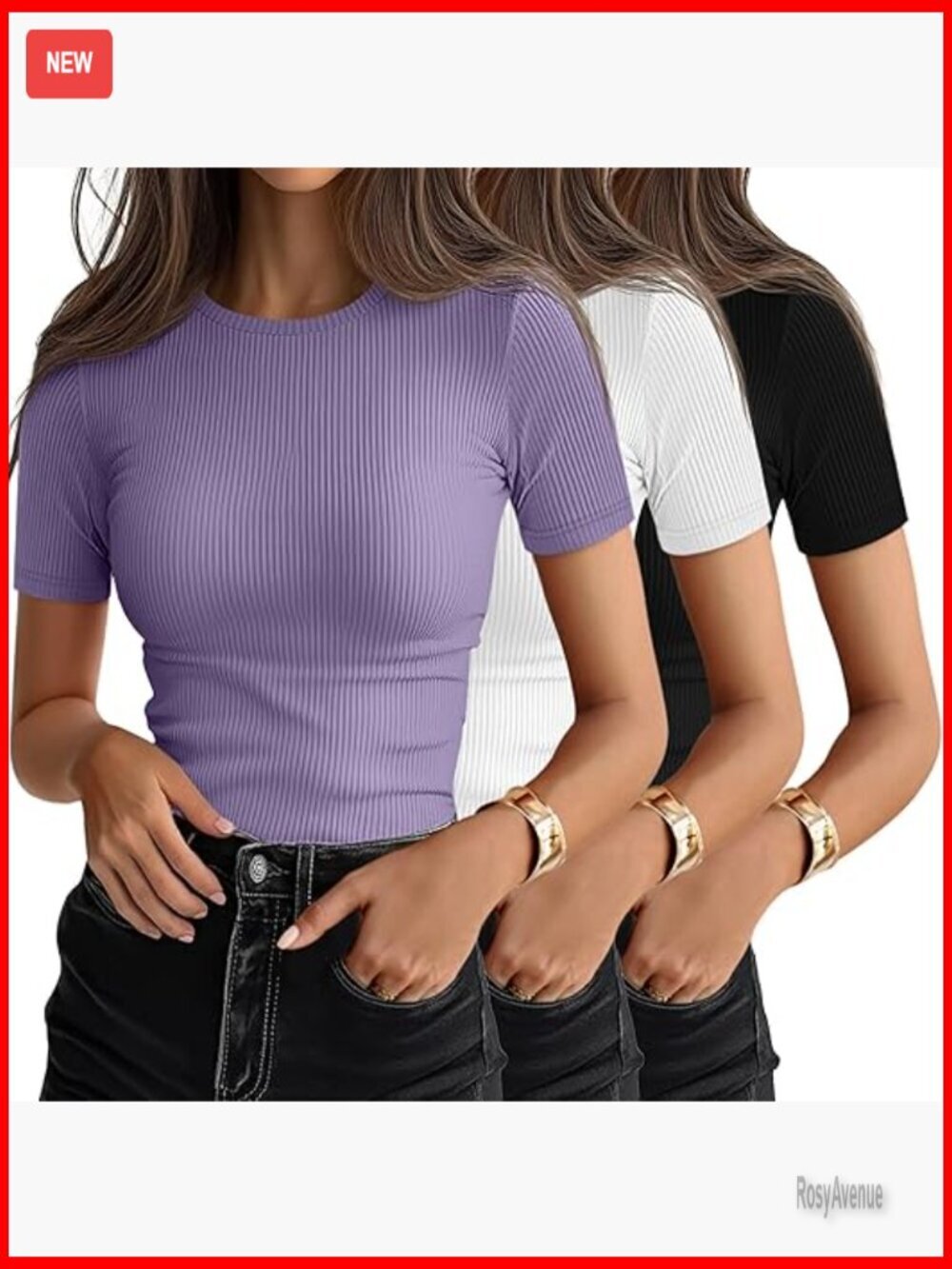 3 Pack Women's Ribbed T-Shirts Short Sleeve Crewneck Fitted Tees